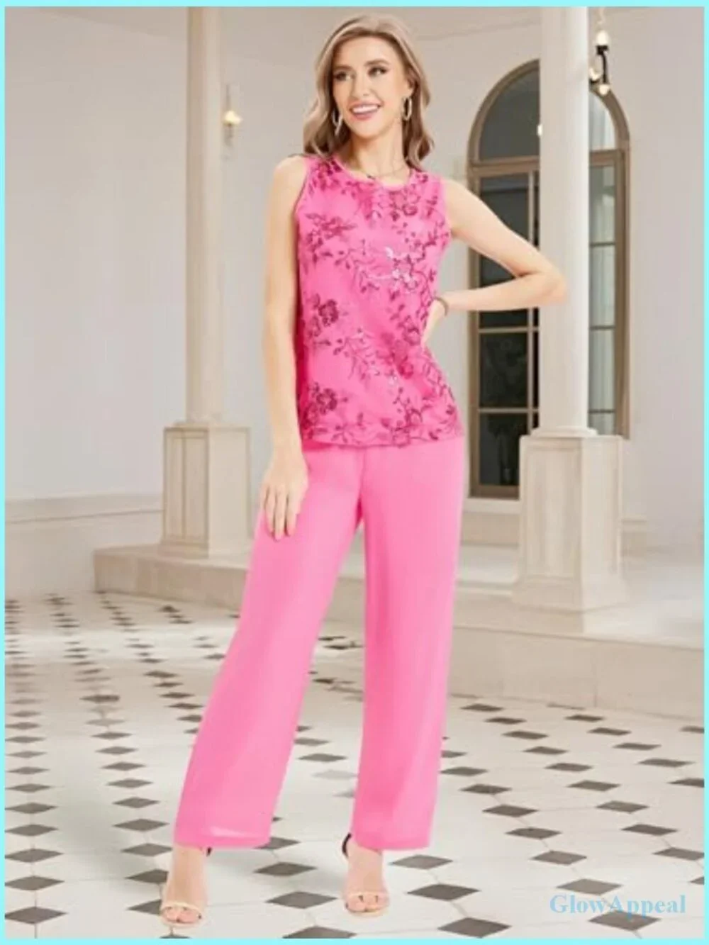 3-Piece Lace Pantsuit with Sequin Tank Top, Mother of Bride, Formal